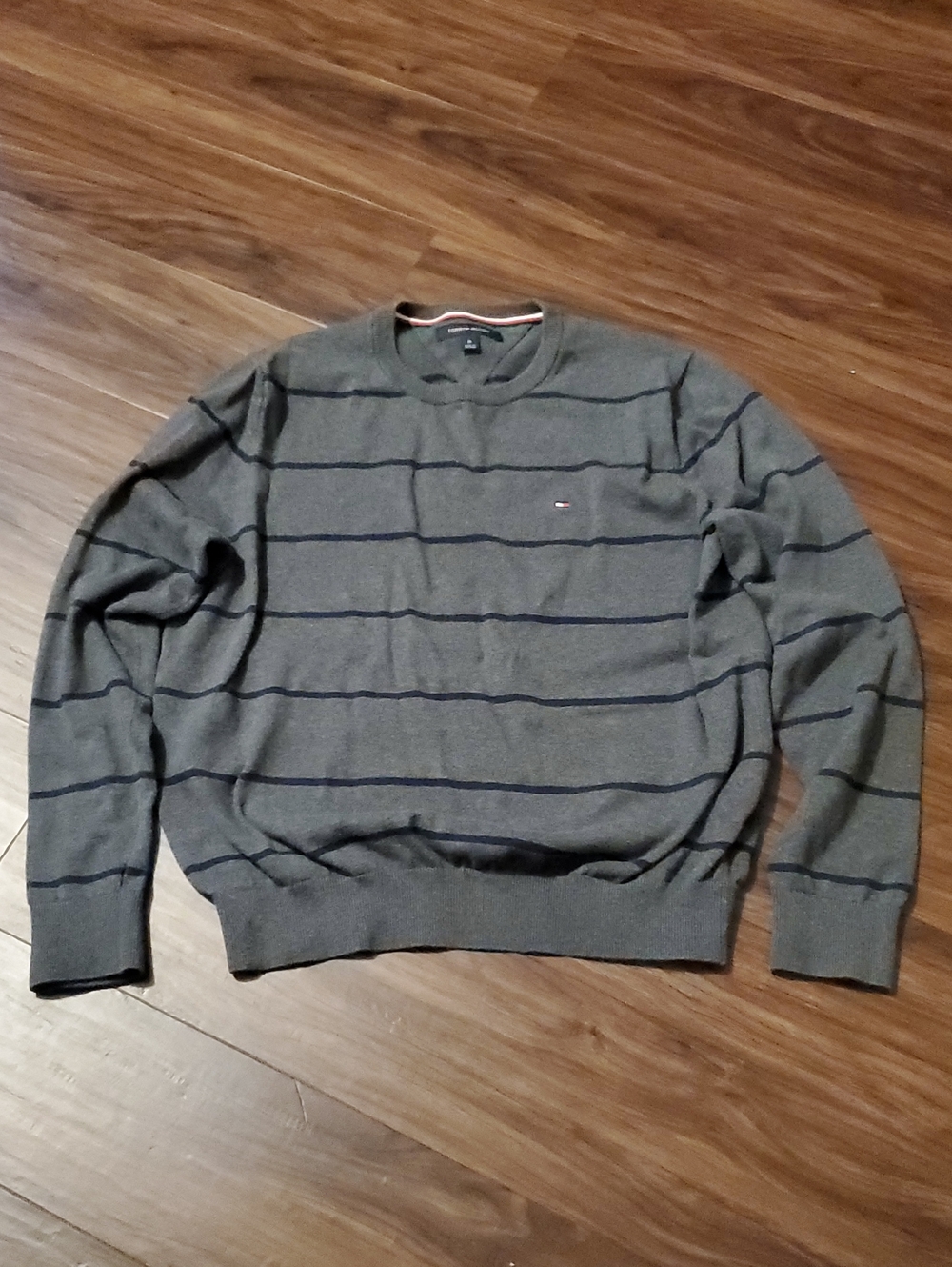 Tommy Hilfiger Men's Gray Crewneck Sweater with Navy Stripes